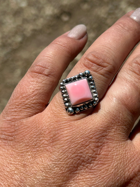 Square Pink Conch Ring Class Silver and Stone (Class is NOT included)  - PCRC02